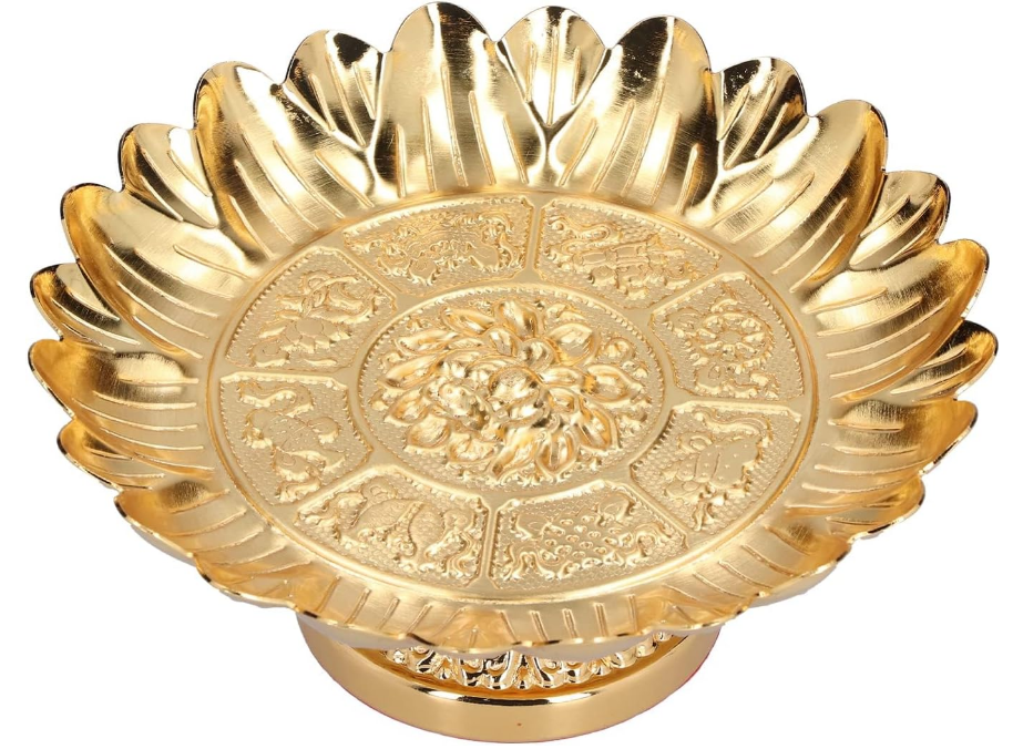 Footed Fruit Bowl, 7in Buddhist Plate Lotus Offering Bowl Centerpiece Holder Bowl Decorative Plate for Temples Sacrifices Blessing Fruit Tray Tinplate Bowl for Altar Use