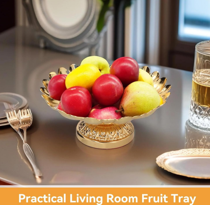 Footed Fruit Bowl, 7in Buddhist Plate Lotus Offering Bowl Centerpiece Holder Bowl Decorative Plate for Temples Sacrifices Blessing Fruit Tray Tinplate Bowl for Altar Use