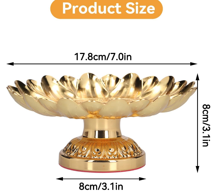 Footed Fruit Bowl, 7in Buddhist Plate Lotus Offering Bowl Centerpiece Holder Bowl Decorative Plate for Temples Sacrifices Blessing Fruit Tray Tinplate Bowl for Altar Use