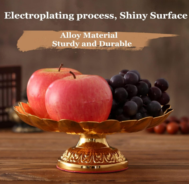 Footed Fruit Bowl, 7in Buddhist Plate Lotus Offering Bowl Centerpiece Holder Bowl Decorative Plate for Temples Sacrifices Blessing Fruit Tray Tinplate Bowl for Altar Use