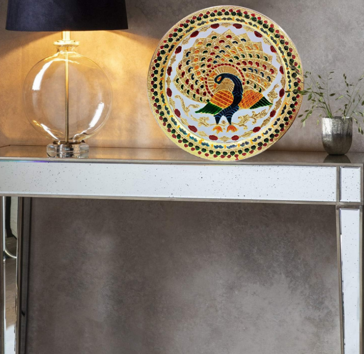 Karwa Chauth Decorative Pooja Thali Platter Beautiful Peacock Design for Hindu Temple Rituals, Mandir Accessory - Diwali Gift,Pujan Karvachauth Deepawali Indian Gift Items Nakshi Plate