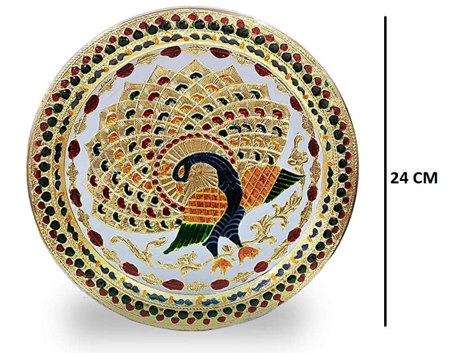 Karwa Chauth Decorative Pooja Thali Platter Beautiful Peacock Design for Hindu Temple Rituals, Mandir Accessory - Diwali Gift,Pujan Karvachauth Deepawali Indian Gift Items Nakshi Plate