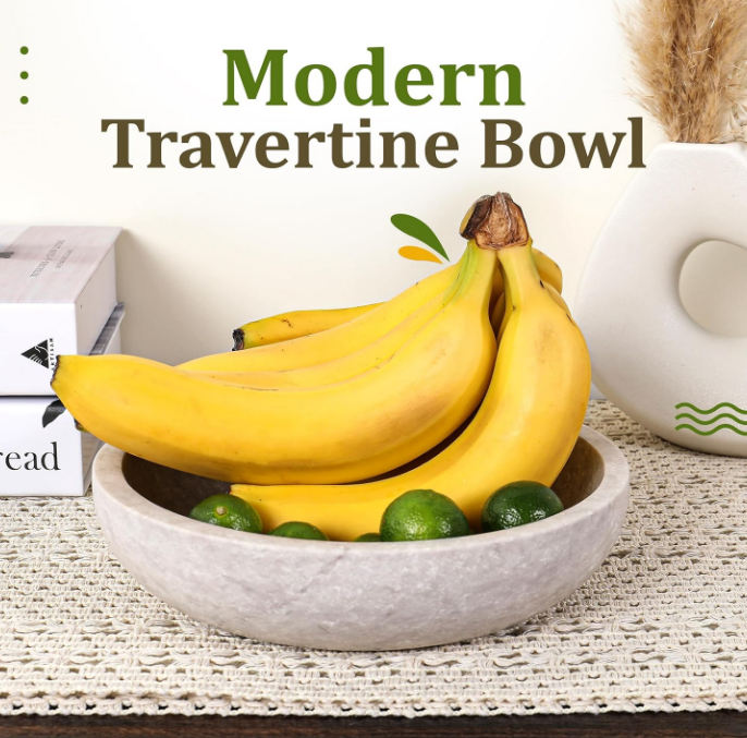 Decorative Bowl - 7.8” Diameter & 2” Height - Key Bowl for Entryway Table - Travertine Bowl for Fruit - Organic Modern Centerpiece Bowl - White/Gray