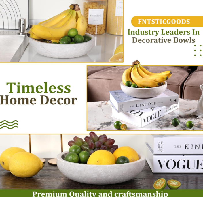 Decorative Bowl - 7.8” Diameter & 2” Height - Key Bowl for Entryway Table - Travertine Bowl for Fruit - Organic Modern Centerpiece Bowl - White/Gray