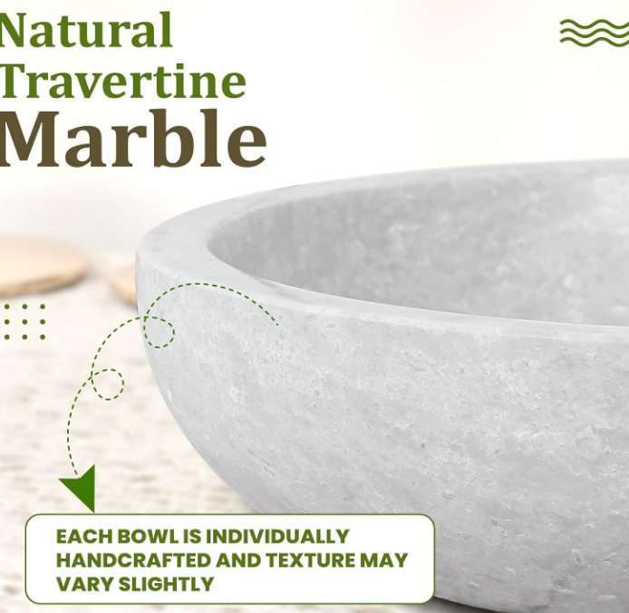 Decorative Bowl - 7.8” Diameter & 2” Height - Key Bowl for Entryway Table - Travertine Bowl for Fruit - Organic Modern Centerpiece Bowl - White/Gray
