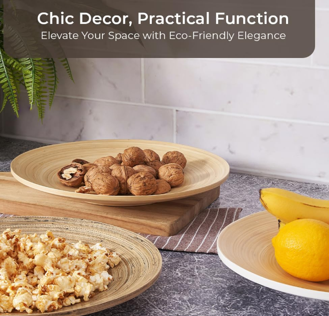 Bamboo Fruit Bowl 12" Large Round Wooden Plate for Coffee Table Decor & Charcuterie Board, Handcrafted Home Decor Tray or Platter - Single Bowl (Black)