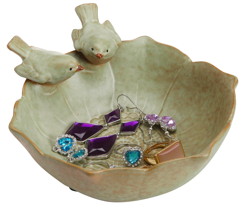 Decorative 2 Birds Garden Design Ceramic Green Serving Bowl/Jewelry Tray/Candy & Nut Dish