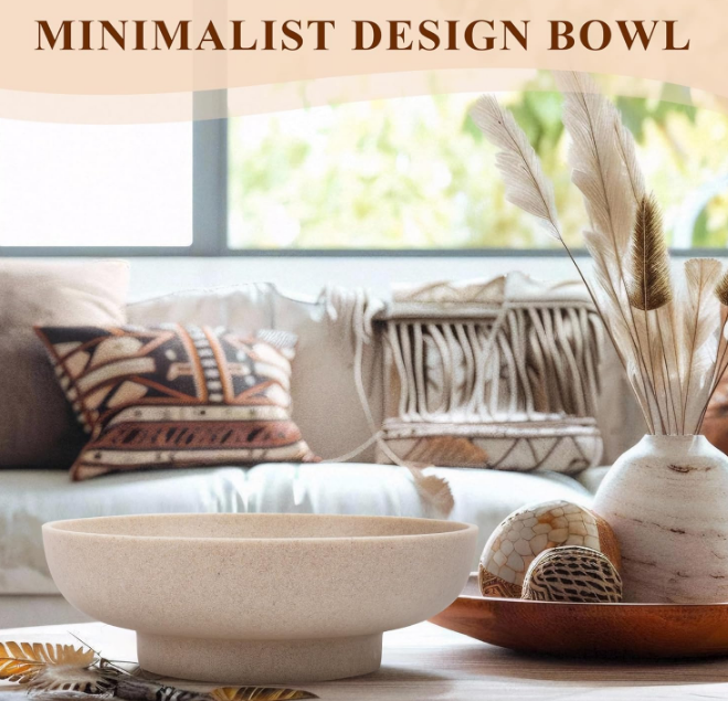 Large Decorative Bowl, Modern Handicraft Resin Bowls for Home Decor, Decorative Fruit Bowl for Kitchen Counter, Stylish Key Bowl for Entry Table, Artificial Stone Resin Beige