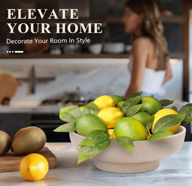 Large Decorative Bowl, Modern Handicraft Resin Bowls for Home Decor, Decorative Fruit Bowl for Kitchen Counter, Stylish Key Bowl for Entry Table, Artificial Stone Resin Beige