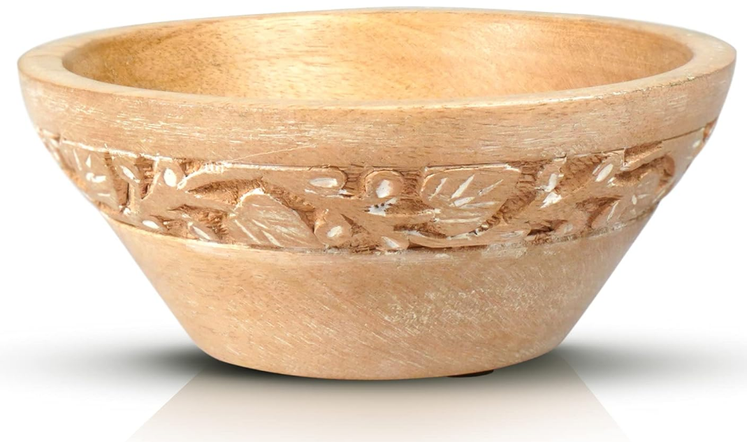 Jasmine Small Wood Bowls (Whitewash, 6.1 x 3 x 5.3) – Mango Wood Decorative Bowl for Veggies, Fruits, & More – Handmade Wooden Serving Bowl w/ 3 Felt Pads - Modern Rustic Home Decorations