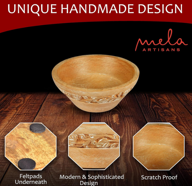 Jasmine Small Wood Bowls (Whitewash, 6.1 x 3 x 5.3) – Mango Wood Decorative Bowl for Veggies, Fruits, & More – Handmade Wooden Serving Bowl w/ 3 Felt Pads - Modern Rustic Home Decorations