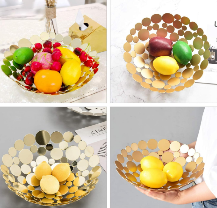 Metal Fruit Bowl Basket Creative Table Centerpiece Fruit Stand Decorative Countertop Fruit Holder for Kitchen Counter, Iron Large Fruit Plate Round Storage Tray for Bread Snacks Candy (Golden)