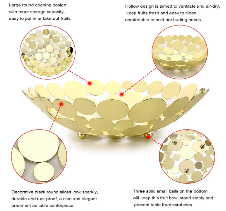 Metal Fruit Bowl Basket Creative Table Centerpiece Fruit Stand Decorative Countertop Fruit Holder for Kitchen Counter, Iron Large Fruit Plate Round Storage Tray for Bread Snacks Candy (Golden)