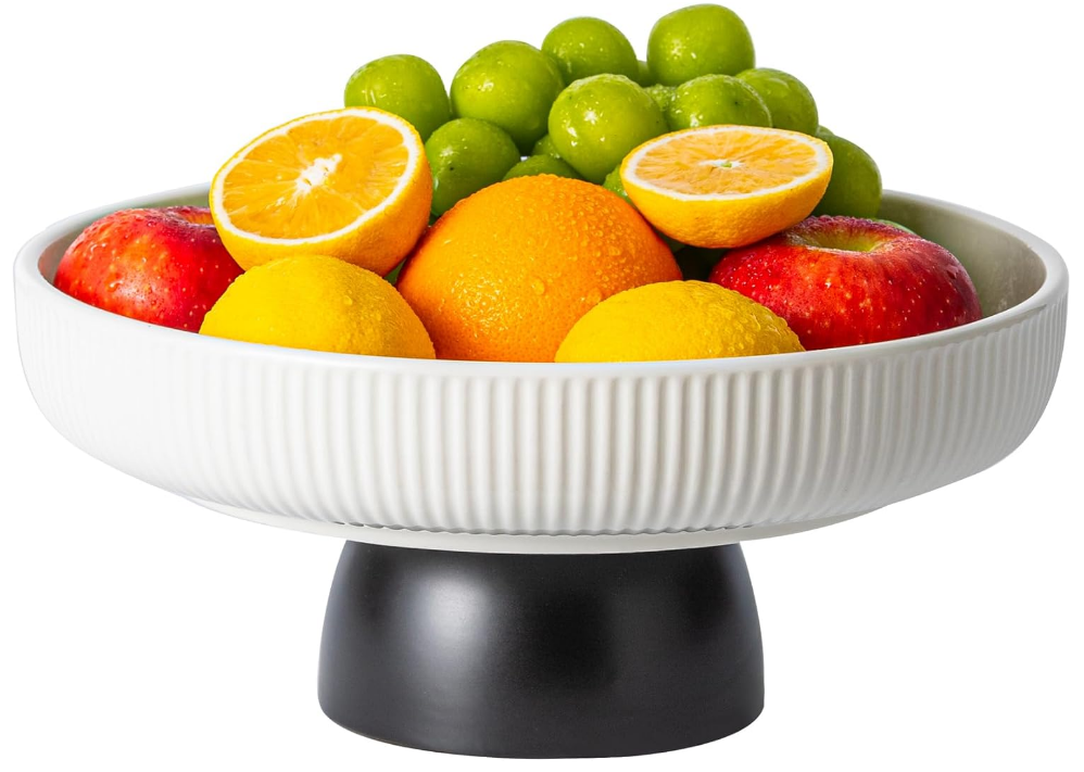 Fruit Bowl,11-Inch Large Decorative Bowls,White Tray and Black Base, Pedestal Fruit Bowl for Kitchen Counter, Bread and Fruit Trays,Salad or Dessert Display Tray for Parties.