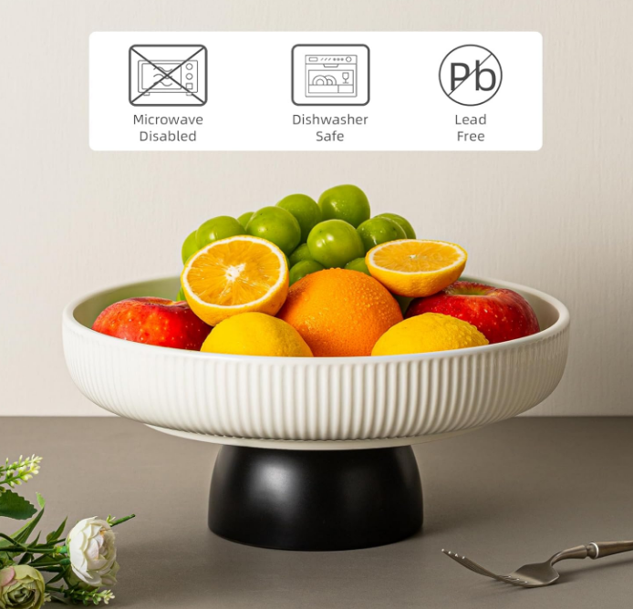 Fruit Bowl,11-Inch Large Decorative Bowls,White Tray and Black Base, Pedestal Fruit Bowl for Kitchen Counter, Bread and Fruit Trays,Salad or Dessert Display Tray for Parties.