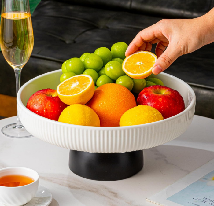 Fruit Bowl,11-Inch Large Decorative Bowls,White Tray and Black Base, Pedestal Fruit Bowl for Kitchen Counter, Bread and Fruit Trays,Salad or Dessert Display Tray for Parties.