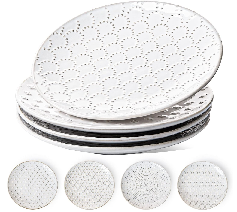 Salad Plates 8 Inch, Ceramic Embossment Plate Set for Dessert Appetizer Small Dinner, Suit For Housewarming Wedding -Set of 4, Arctic White