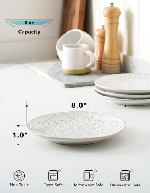 Salad Plates 8 Inch, Ceramic Embossment Plate Set for Dessert Appetizer Small Dinner, Suit For Housewarming Wedding -Set of 4, Arctic White