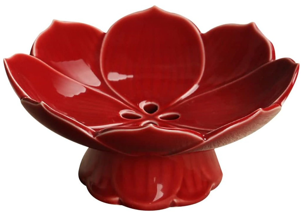 Pedestal Fruit Bowl Centerpiece Decorative Compote Footed Bowl Ceramics Dessert Serving Bowl Tray Display Stand Lotus Drain Plate for Kitchen Counters for Fruits Breads Snacks (Red)