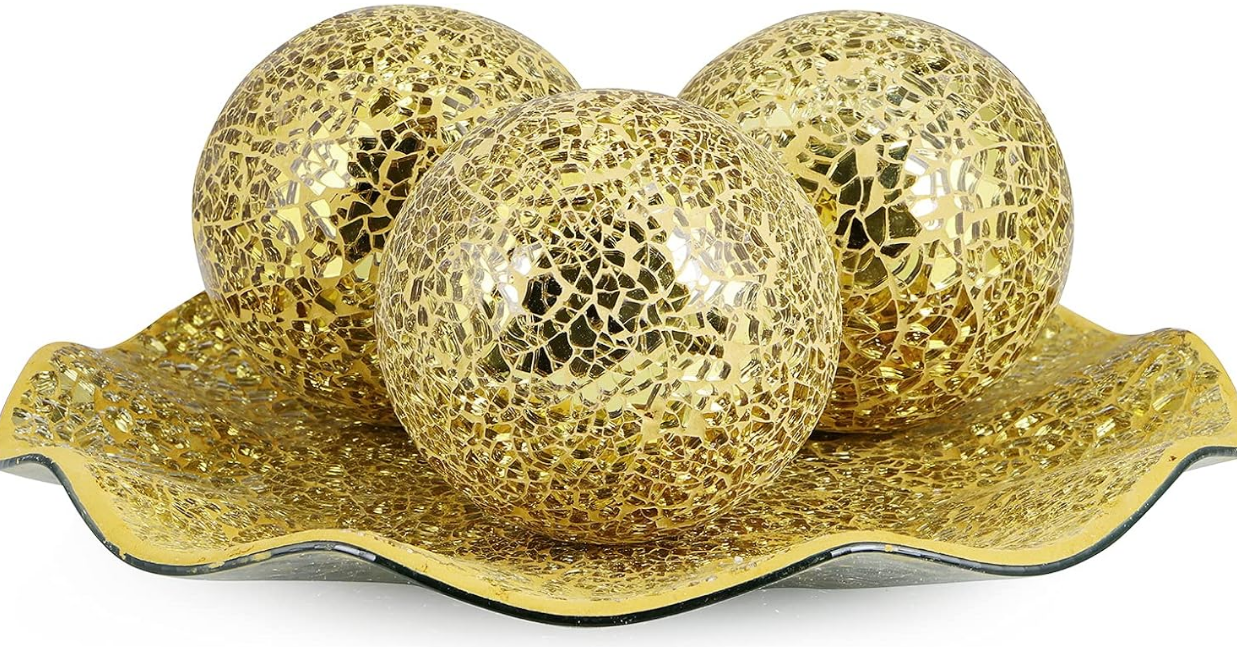 Centerpiece Bowl and Balls Set, Mosaic Tray with 3 Pieces Spheres, 12" Decorative Plate with 4" Mosaic Orbs for Home Decor, Gift (Gold)