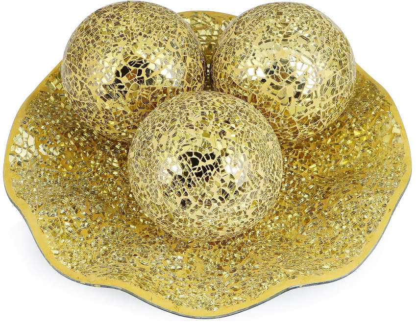 Centerpiece Bowl and Balls Set, Mosaic Tray with 3 Pieces Spheres, 12" Decorative Plate with 4" Mosaic Orbs for Home Decor, Gift (Gold)