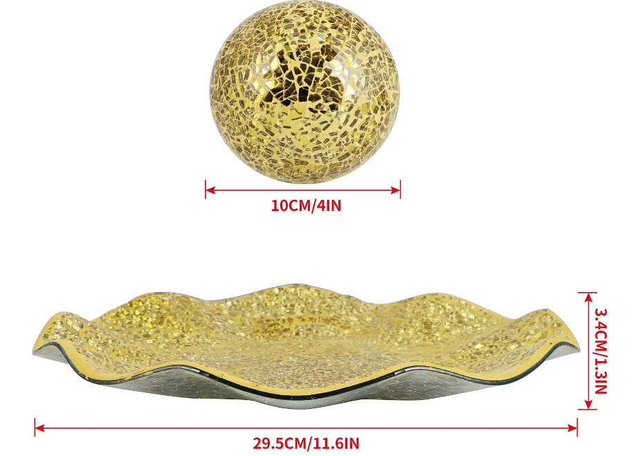 Centerpiece Bowl and Balls Set, Mosaic Tray with 3 Pieces Spheres, 12" Decorative Plate with 4" Mosaic Orbs for Home Decor, Gift (Gold)
