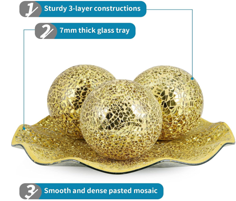 Centerpiece Bowl and Balls Set, Mosaic Tray with 3 Pieces Spheres, 12" Decorative Plate with 4" Mosaic Orbs for Home Decor, Gift (Gold)