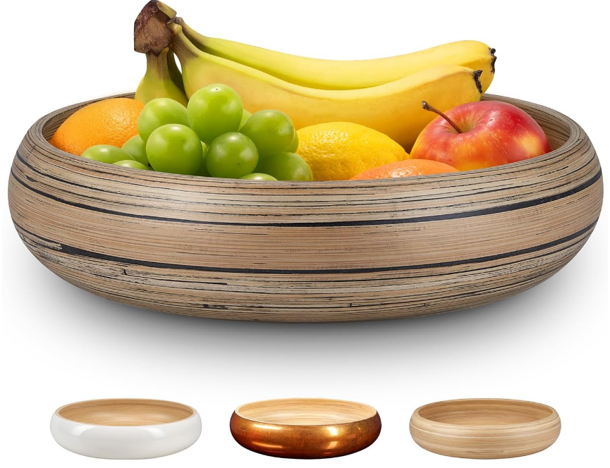 Bamboo Fruit Bowl for Kitchen Counter, 12 Inch Large & Round, Artisan Lacquered Wooden Fruit Bowl or Candy Bowl, Handcrafted Bamboo Fruit Basket for Kitchen & Home Decor (Black)
