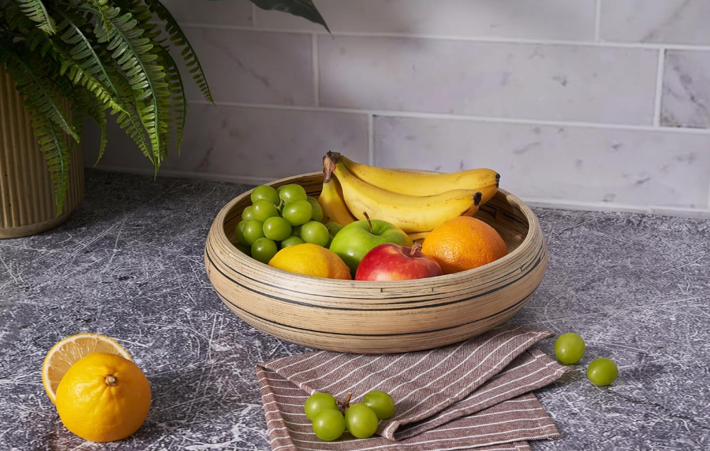 Bamboo Fruit Bowl for Kitchen Counter, 12 Inch Large & Round, Artisan Lacquered Wooden Fruit Bowl or Candy Bowl, Handcrafted Bamboo Fruit Basket for Kitchen & Home Decor (Black)