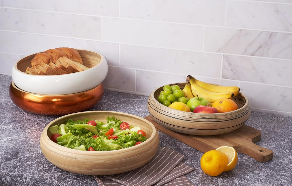 Bamboo Fruit Bowl for Kitchen Counter, 12 Inch Large & Round, Artisan Lacquered Wooden Fruit Bowl or Candy Bowl, Handcrafted Bamboo Fruit Basket for Kitchen & Home Decor (Black)