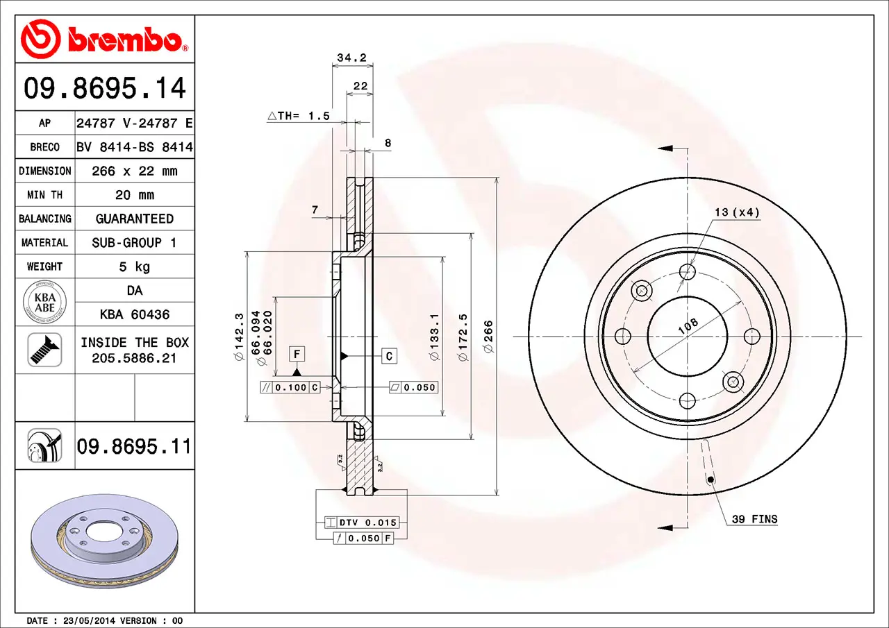 2x BREMBO 09.8695.11 Disques de Frein Ventilé 266mm CITROËN, CITROËN (DF-PSA), DS, OPEL, PEUGEOT, PEUGEOT (DF-PSA), VAUXHALL FENGSHEN