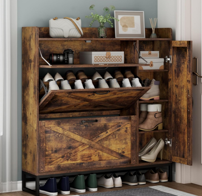 Shoe Storage Cabinet, Free Standing Shoe Organizer with 2 Flip Drawers, Shoe Rack with Adjustable Side Cabinet, Entryway Narrow Shoe Storage with Door for Hallway, Living Room (Rustic Plus)