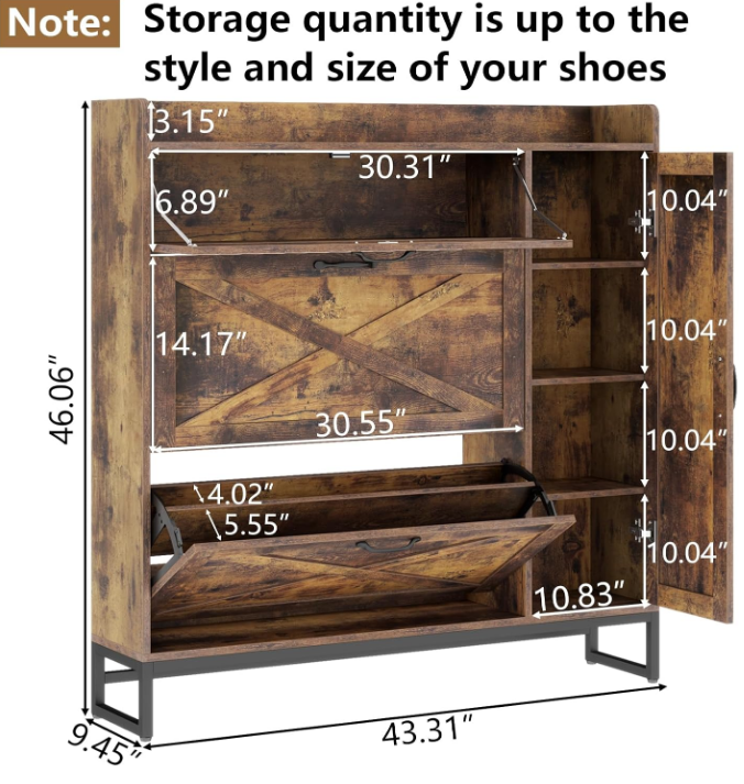 Shoe Storage Cabinet, Free Standing Shoe Organizer with 2 Flip Drawers, Shoe Rack with Adjustable Side Cabinet, Entryway Narrow Shoe Storage with Door for Hallway, Living Room (Rustic Plus)