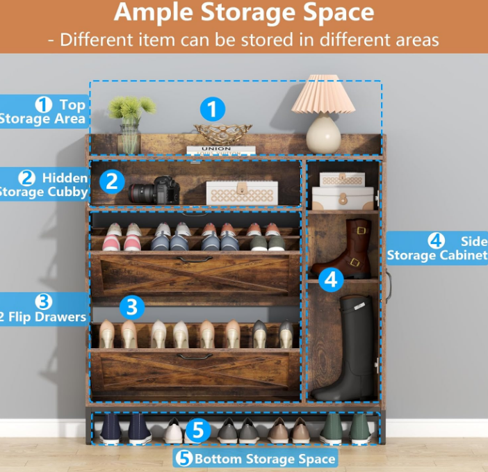 Shoe Storage Cabinet, Free Standing Shoe Organizer with 2 Flip Drawers, Shoe Rack with Adjustable Side Cabinet, Entryway Narrow Shoe Storage with Door for Hallway, Living Room (Rustic Plus)