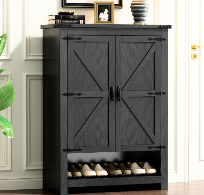 Shoe Cabinet with Doors, 7-Tier 28 Pair Shoe Cabinet Storage for Entryway, Hidden Narrow Shoe Cabinets with Adjustable Shelves, Slim Thin Shoe Rack Organizer for Hallway, Living Room, Black