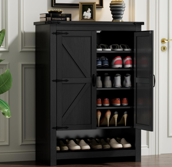 Shoe Cabinet with Doors, 7-Tier 28 Pair Shoe Cabinet Storage for Entryway, Hidden Narrow Shoe Cabinets with Adjustable Shelves, Slim Thin Shoe Rack Organizer for Hallway, Living Room, Black