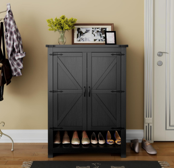 Shoe Cabinet with Doors, 7-Tier 28 Pair Shoe Cabinet Storage for Entryway, Hidden Narrow Shoe Cabinets with Adjustable Shelves, Slim Thin Shoe Rack Organizer for Hallway, Living Room, Black