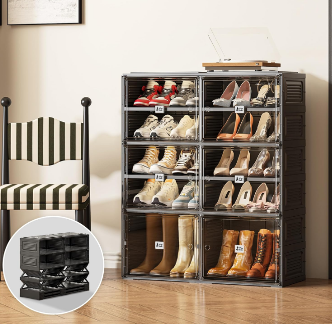 Black Shoe Rack Organizer Cabinet for Closet Entryway,Clear Shoe Storage Boxes Stackable Sneaker Storage with Door Easy Assembly Shoe Cabinet with Lids Large 5 Tiers 20 Pairs