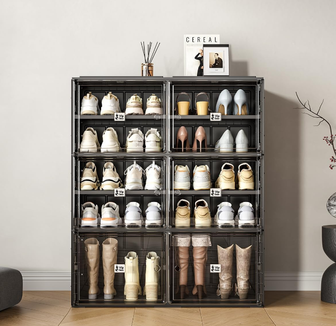 Black Shoe Rack Organizer Cabinet for Closet Entryway,Clear Shoe Storage Boxes Stackable Sneaker Storage with Door Easy Assembly Shoe Cabinet with Lids Large 5 Tiers 20 Pairs