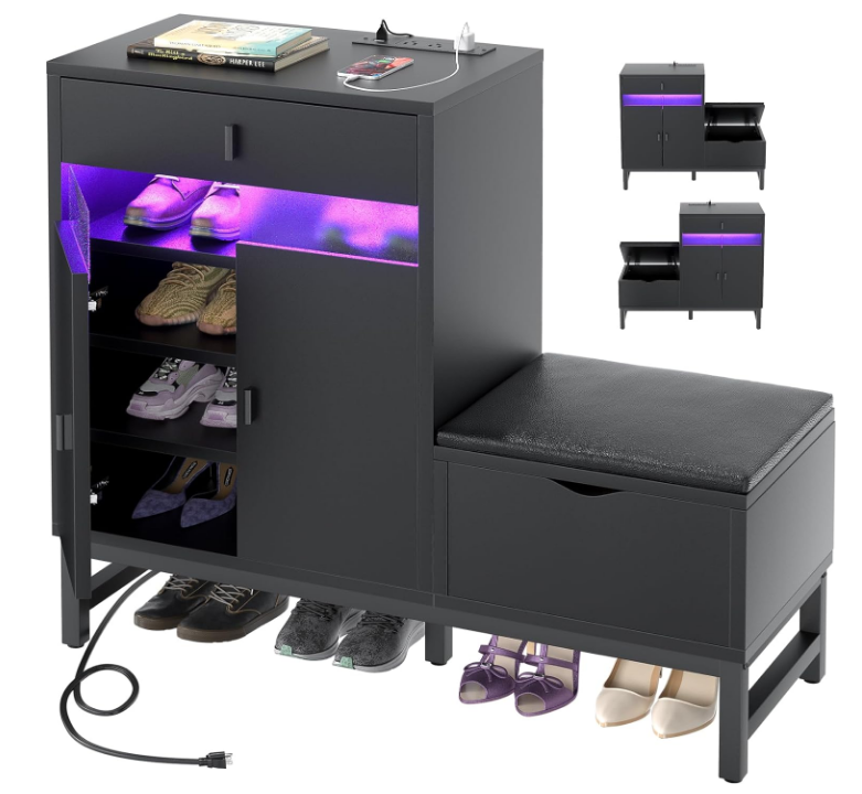 Shoe Cabinet Storage for Entryway - Freestanding Shoe Rack Bench with LED Lights & Power Outlets, Reversible Shoe Storage Cabinet Organizer with Drawer and Hidden Compartment, Black