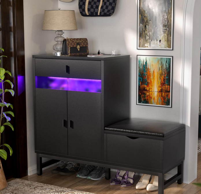 Shoe Cabinet Storage for Entryway - Freestanding Shoe Rack Bench with LED Lights & Power Outlets, Reversible Shoe Storage Cabinet Organizer with Drawer and Hidden Compartment, Black