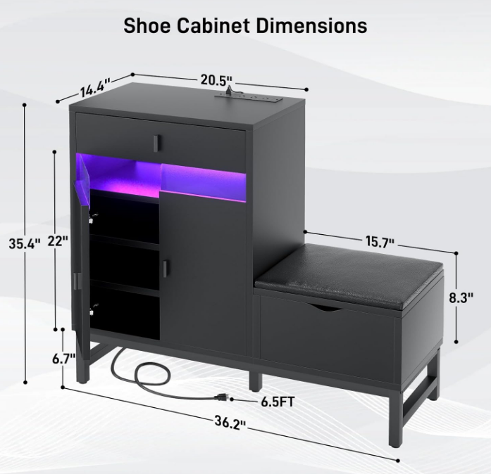 Shoe Cabinet Storage for Entryway - Freestanding Shoe Rack Bench with LED Lights & Power Outlets, Reversible Shoe Storage Cabinet Organizer with Drawer and Hidden Compartment, Black