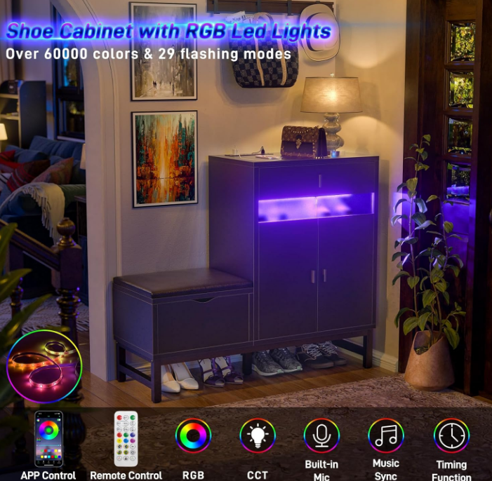 Shoe Cabinet Storage for Entryway - Freestanding Shoe Rack Bench with LED Lights & Power Outlets, Reversible Shoe Storage Cabinet Organizer with Drawer and Hidden Compartment, Black