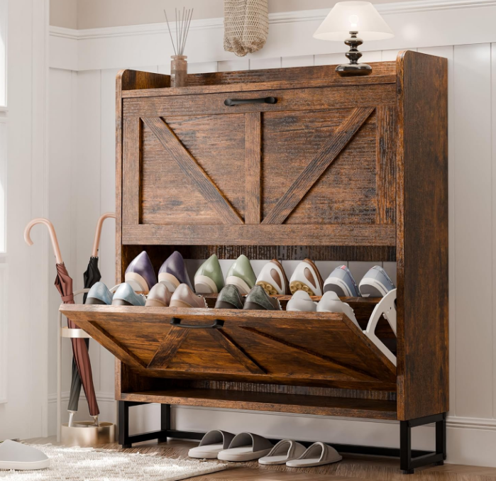 Shoe Storage Cabinet with 2 Flip Drawers, Freestanding Shoe Rack Cabinet with Metal Legs, Hidden Shoe Organizer Cabinet for Entryway, Living Room, Rustic Brown