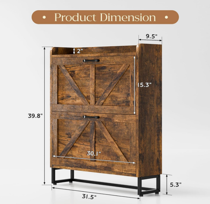 Shoe Storage Cabinet with 2 Flip Drawers, Freestanding Shoe Rack Cabinet with Metal Legs, Hidden Shoe Organizer Cabinet for Entryway, Living Room, Rustic Brown