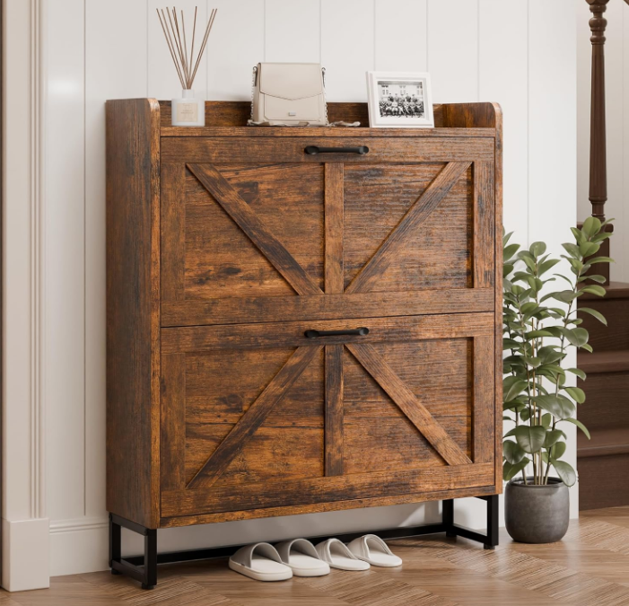 Shoe Storage Cabinet with 2 Flip Drawers, Freestanding Shoe Rack Cabinet with Metal Legs, Hidden Shoe Organizer Cabinet for Entryway, Living Room, Rustic Brown