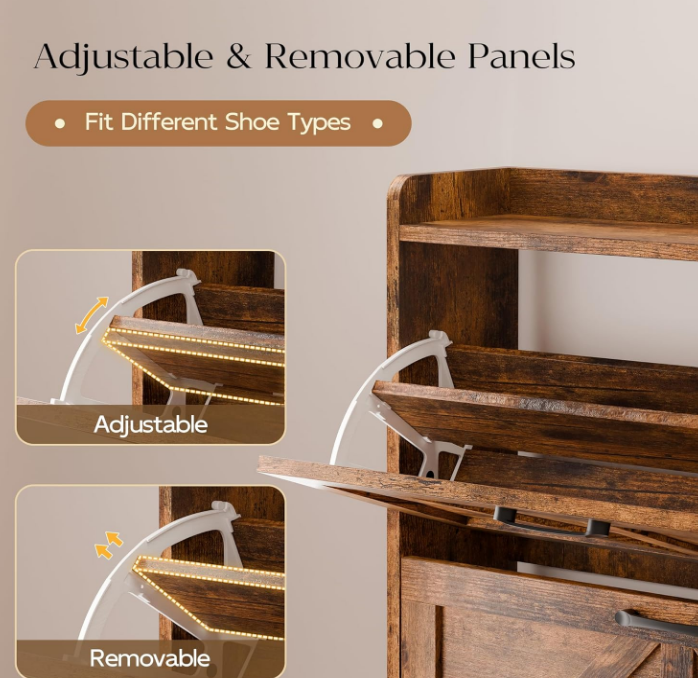 Shoe Storage Cabinet with 2 Flip Drawers, Freestanding Shoe Rack Cabinet with Metal Legs, Hidden Shoe Organizer Cabinet for Entryway, Living Room, Rustic Brown