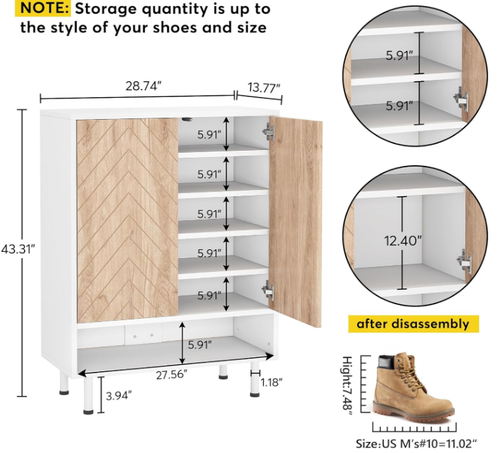 Shoe Cabinet, 18 Pair Rack Organizer Cabinet with Door, 6-Tier Modern Storage Shelves for Entryway Hallway Closet, White and Brown