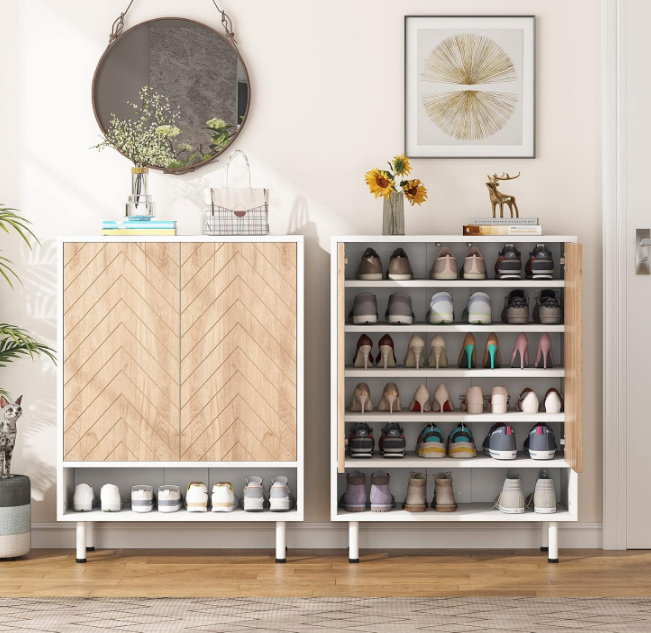 Shoe Cabinet, 18 Pair Rack Organizer Cabinet with Door, 6-Tier Modern Storage Shelves for Entryway Hallway Closet, White and Brown