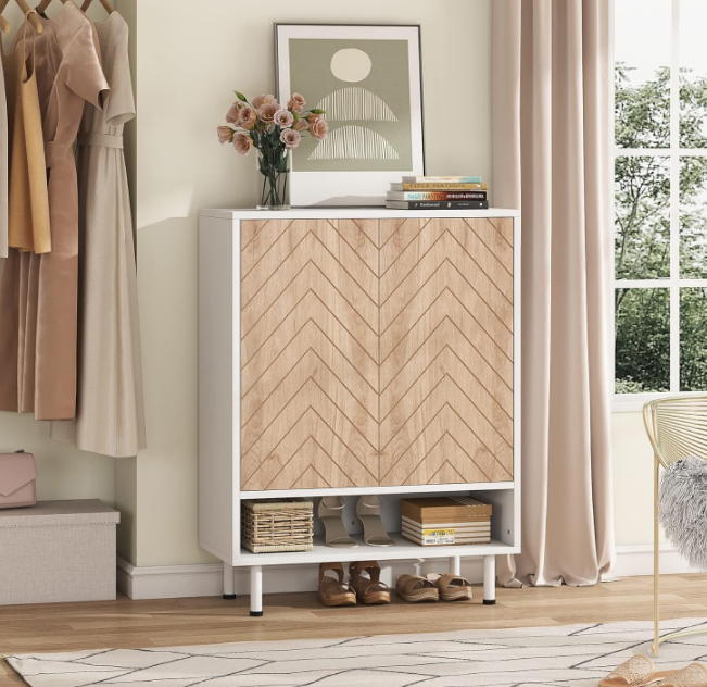 Shoe Cabinet, 18 Pair Rack Organizer Cabinet with Door, 6-Tier Modern Storage Shelves for Entryway Hallway Closet, White and Brown